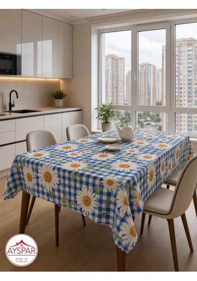 Masa Örtüsü 150x170 Cm Açık Mavi Kareli Papatya Beyaz