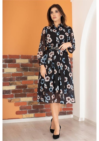 Dip Moda Kadın Gömlek Yaka Kemerli Çiçekli Şifon Elbise Dpry0031 Mint Yeşili