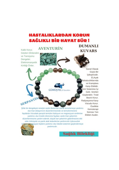 Gümüştel El Sanatları Sertifikalı Sağlık Ve Şifa Tılsım Bilekliği Aventurin-dumanlı Kuvars-serpantin Taşı Uniseks Doğaltaş Çok Renkli
