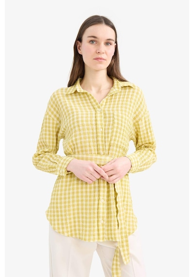 DeFacto Relax Fit Pötikareli Gofre Dokulu Kuşaklı Uzun Kollu Tesettür Gömlek Tunik E4558AX25SMKH519