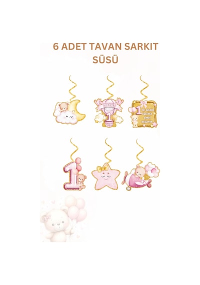 1 Yaş Kız Bebek Parti Seti Pembe Ayıcık Temalı Artık 1 Yaşındayım Doğum Günü Süsleri