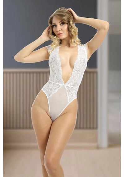 Xmldepot Beyaz Yarım Kol Dantel Bodysuit - 894 Beyaz