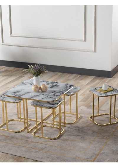 Pelikan 4+1 Beyaz Mermer Temperli Cam Gold Metal Ayak Takım Sehpa Sedaş Living Units Sehpa