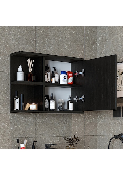 Kulpsuz Tek Kapaklı Mat Suntalam 60 Cm Aynalı Banyo Üst Dolap Syh Siyah