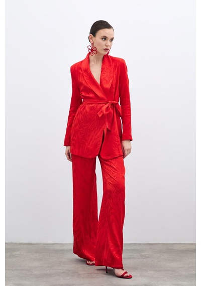 Sateen Yüksek Bel Desenli Pantolon - Kırmızı-135700 Kırmızı