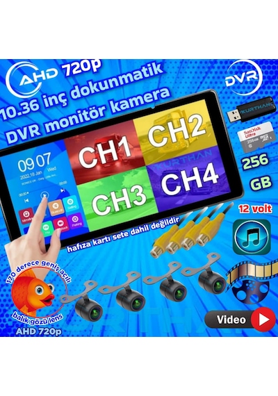 4 Adet Balık Gözü Lens Ahd 720p 170'' Kamera 10.36'' Dokunmatik Ekran Video Müzik Dvr 256 Gb 12 V