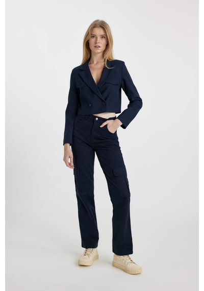 DeFacto Coool Straight Fit Gabardin Pantolon Kargo Cepli Yüksek Bel B0458AX23AUNV28 Lacivert
