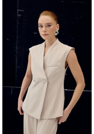 Sateen Anna Çizgili Yelek - Bej-137102 Bej