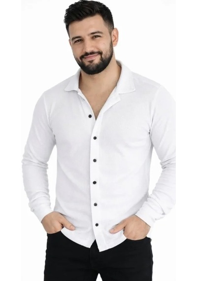 Etiler Collection Erkek Waffle Kumaş Uzun Kollu Düğmeli Açık Yaka Regular Fit Gömlek - Beyaz
