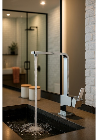 Viosa Kısa Krom Lüx Köşeli Mix Aç Kapa Banyo Lavabo Bataryası Siyah