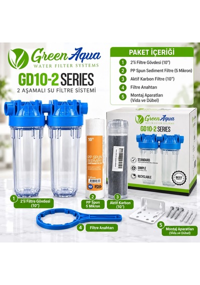 Green Aqua Gd10-2 2 Aşamalı 10" Su Arıtma Ve Filtre Sistemi 1" Giriş / Çıkış