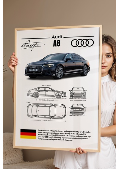 Audi A8 Tablo - Teknik Özellikli Alman Lüks Sedan Poster - Çerçeveli Duvar Dekoru - Araba Blueprint Kayın