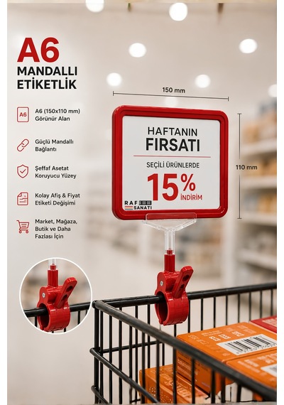 A6 Fiyatlık Mandallı Etiketlik Sepet Raf Askılık Fiyat Etiketi Çerçeveli Market Mağaza Kırmızı