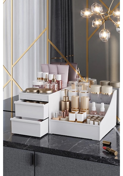 Maxi Home Elegance Makyaj Organizer Beyaz Çekmeceli Kozmetik Düzenleyici Masaüstü Parfüm Ve Takı Organizer Beyaz