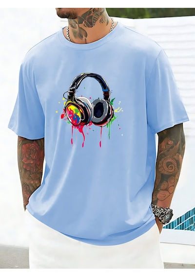Kulaklık T-shirt - Baskılı Oversize Bisiklet Yaka Kısa Kol Tişört Bebe Mavisi