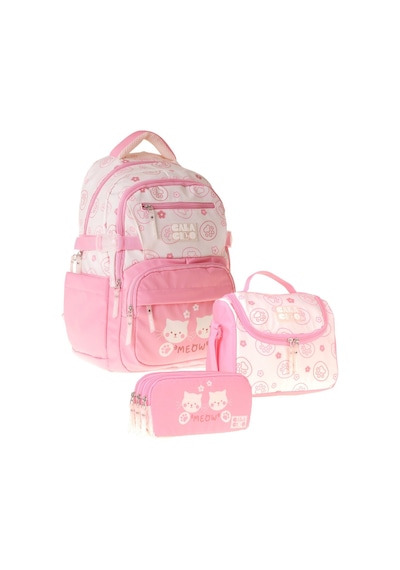 Calacilo Kedi Baskılı Pembe Kız Çocuk Üçlü İlkokul Okul Çantası Seti - Setcc-c4038a Pembe - Krem