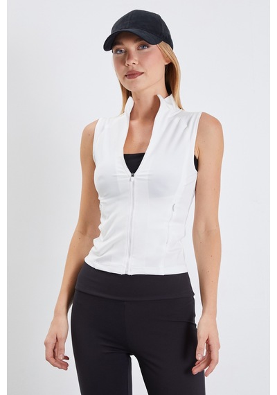 Fullamoda Dik Yaka Dalgıç Kumaş Slim Fit Yelek Beyaz