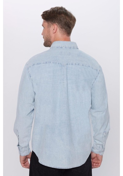 Tudors Erkek Relax Fit Rahat Kesim %100 Pamuk Denim Kot Mavi Düğmeli Yaka Gömlek-32128 Mavi