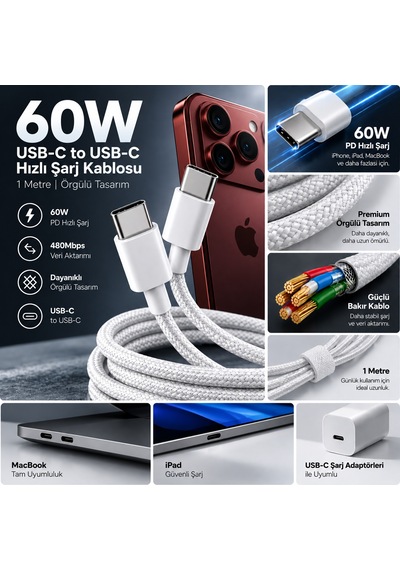 60w Premium Örgülü Usb Type-c To Type-c Sarj Kablosu