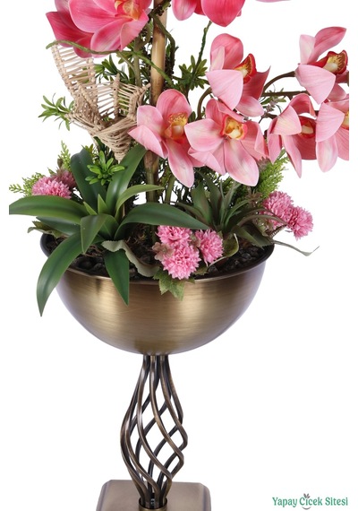 Yapay Çiçek Sitesi Metal Burgulu Vazoda Yapay Orkide Tanzimi 78 Cm Açık Pembe
