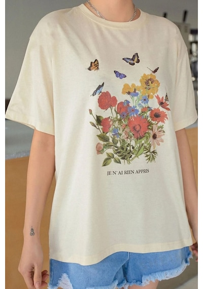 Unisex Pamuklu Butterfly Flowers Ön Baskılı Tasarım Tshirt Bej