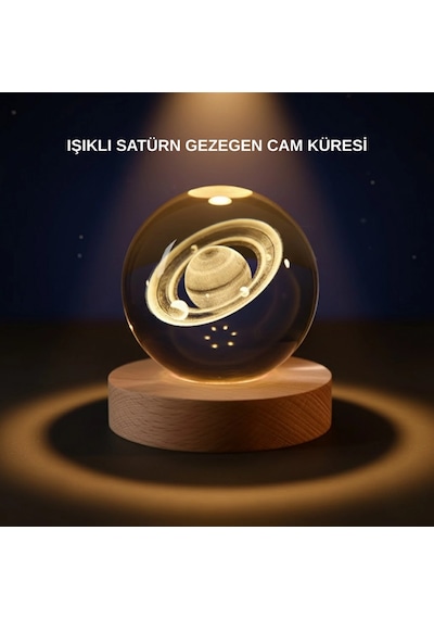 Satürn Desenli Kristal Küre Led Gece Lambası Ahşap Standlı Renkli