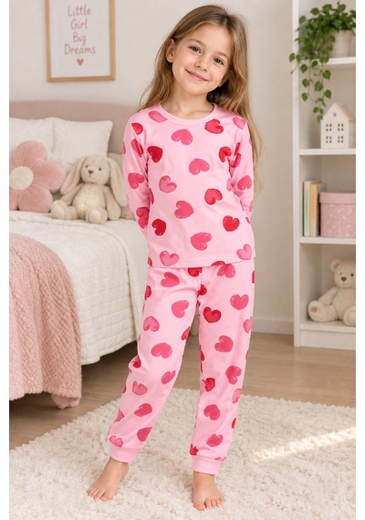 Beniizle Kız Çocuk Kalp Desenli Pijama Takımı Pembe