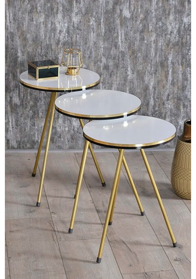 Zigon Sehpa Ve Orta Sehpa Kr Set Çift Gold Metal Beyaz