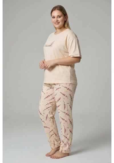 Lukitus Büyük Beden Kısa Kollu Milan Kumaş Kadın Pijama Takımı Krem
