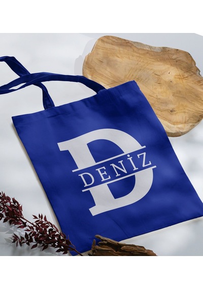 Bk Gift Kişiye Özel Harfli Saks Mavi Kumaş Bez Çanta-1, Baskılı Omuz Çantası, Alışveriş Çantası