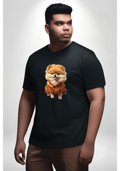 Angemiel Teacup Pomernian Çeket Siyah Büyük Beden Erkek Kadın Unisex Basic Ön Baskılı Tişört Siyah