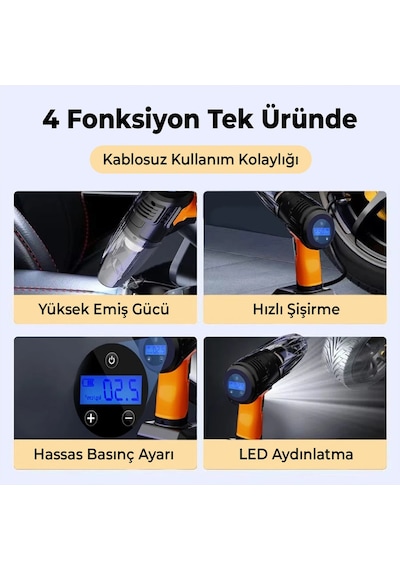 Mega Oto Market Şarjlı Çok Fonksiyonlu Oto El Süpürgesi Ve Taşınabilir Lastik Hava Kompresörü Pompası