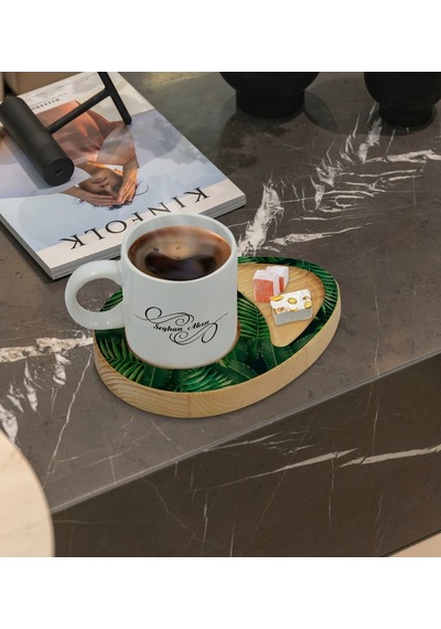 Kişiye Özel Yapraklar Tasarımlı Doğal Ahşap Tabaklı Türk Kahvesi Fincanı Sunum Seti Model 9