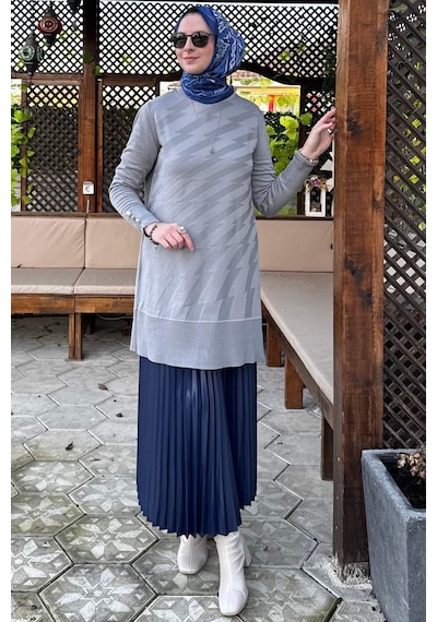 Rabia Şamlı Bilge Triko Tunik Gri Çok Renkli