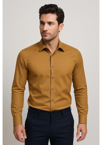 Efor Slim Fit Pamuk Saten Klasik Taba Gömlek Gk 624 Taba