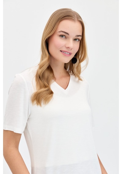 Kadın V Yaka Flamlı Kumaş Basic Tshirt Ekru Ekru