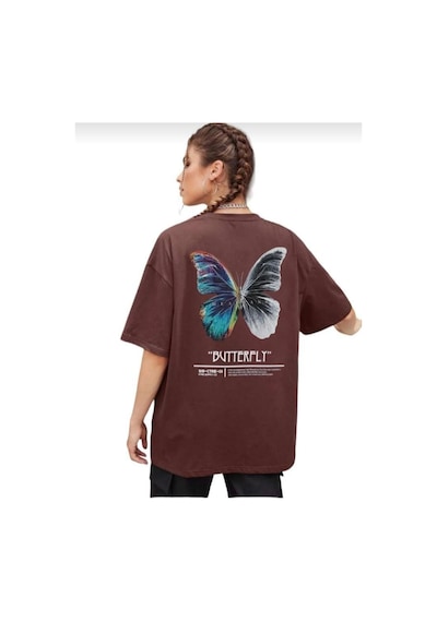 Kozia Outdoors Kadın Butterfly Baskılı Bisiklet Yaka Tişört Kahverengi Kahverengi