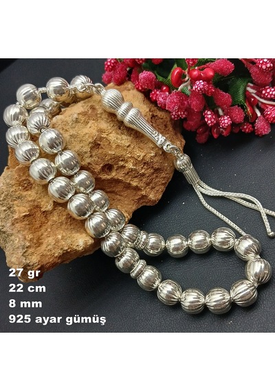 925 Ayar Gümüş Tesbih Yuvarlak Kesim Çizgili Model Büyük Boy