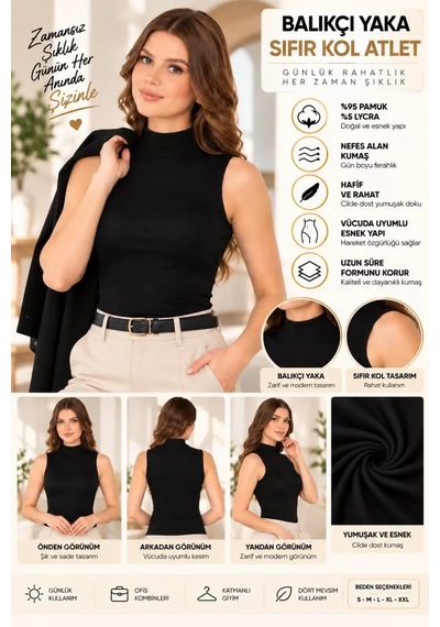 Kadın Balıkçı Yaka Sıfır Kol Atlet Siyah, Esnek Kumaş, Vücuda Oturan Basic Kolsuz Body - Ryl - 2614