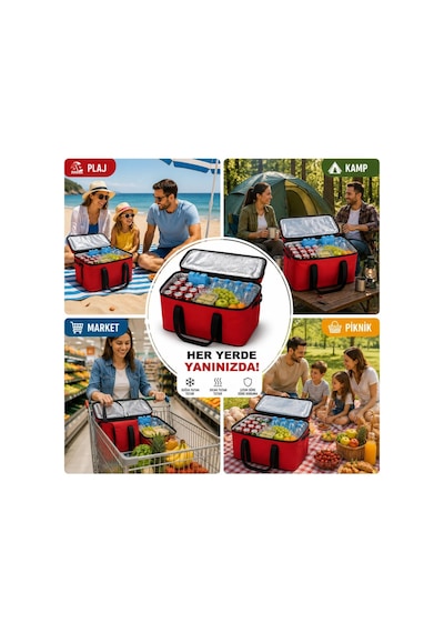 40 Lt Termos Çanta - Folyo İzolasyonlu Soğuk Sıcak Koruyucu Termal Taşıma Çantası, Fermuarlı, Kulplu Piknik Plaj Kamp Market Alışveriş Çantası 40 X 30 X 25 Cm Çok Renkli