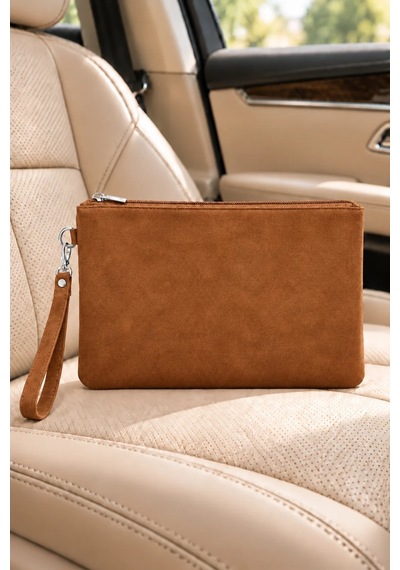Adelina Bags Süet Portföy El Çantası Bilek Askılı Astarlı Taba Clutch Çanta