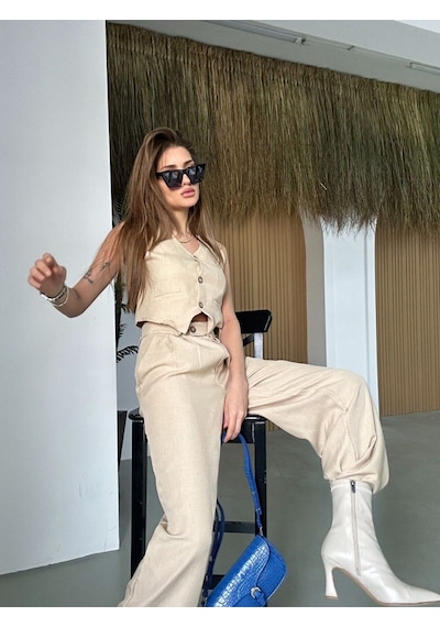 Hgfashion Kadın Yelek Pantolon İkili Takım Taş Renk Taş