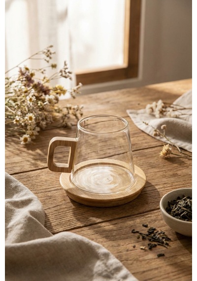 Makri Home Bambu Kulplu Ve Altlıklı Cam Kupa 300 Ml Çok Renkli