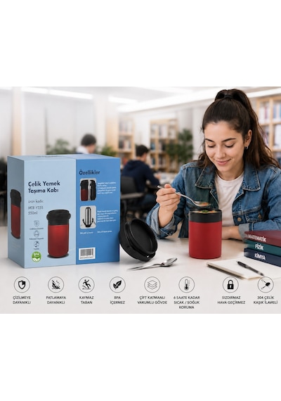 550 Ml Paslanmaz Çelik Sızdırmaz Termos Yemek Taşıma Kabı / Sefer Tası Beslenme Kutusu Kırmızı