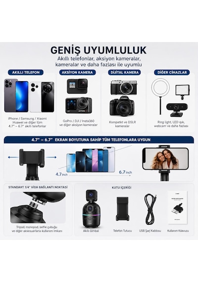 Telefon, Aksiyon Kamera Ve Daha Fazlasıyla Uyumlu 360 Aı Yüz Takipli Akıllı Gimbal