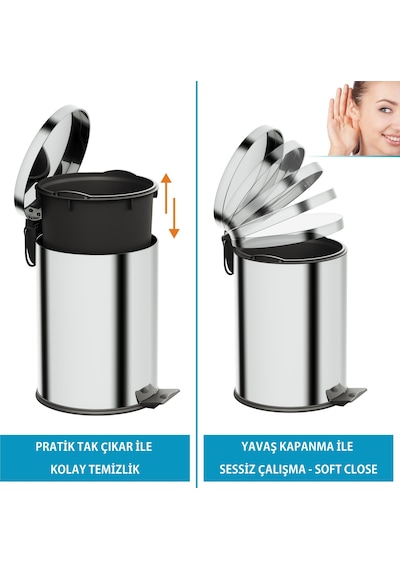 Aqua Bagno Basic Çöp Kovası - Pedallı 12 L, Parlak Krom Paslanmaz Krom
