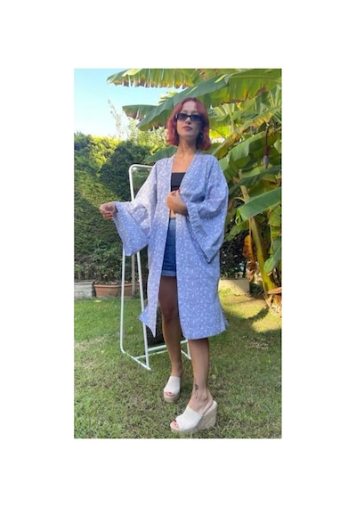 Lila Mare Pamuk Kumaşlı Handmade Homewear & Beachwear Kimono Renkli Renkli