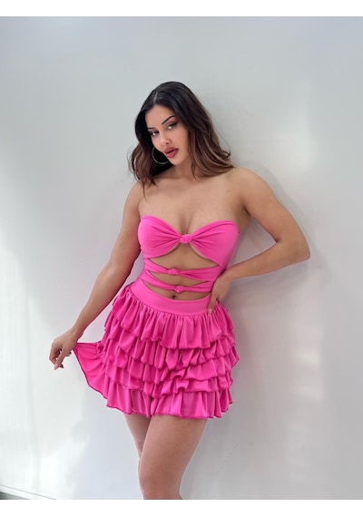 Pink Life Pembe Eteği Kat Kat Fırfırlı Sandy Mini Elbise Pembe