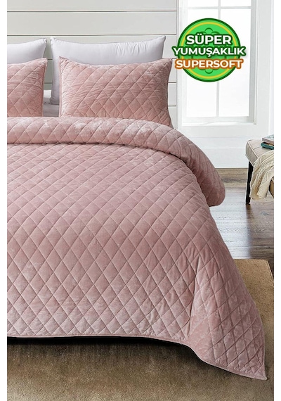 Evlen Home Kapitone Kadife Yatak Örtüsü Seti Tek Kişilik Supersoft 2 Parça Yumuşak Elyaf Dolgulu Pudra Bej