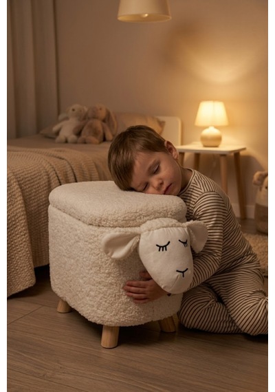 Argimo Mellow Kuzu Figürlü Bebek Çocuk Odası Sandıklı Puf Beyaz